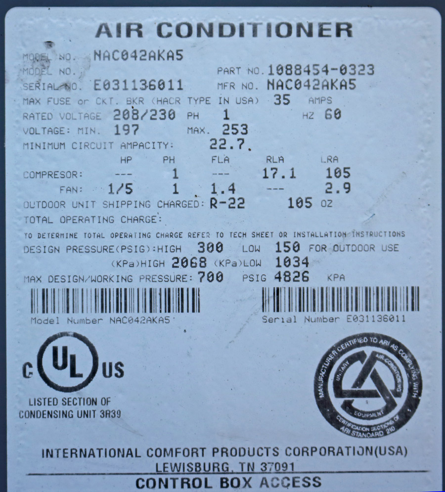First Company Air Handler Serial Number